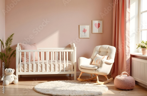 Cozy baby nursery with white crib and rocking chair in soft pink tones