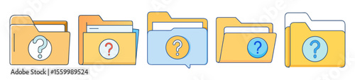 Illustrations of question mark folders, representing support, assistance or unknown documentation