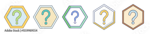 Collection of brightly colored question mark icons inside hexagon shaped badges