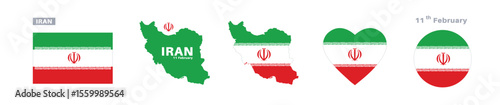 iran flag and map set. iran flag in official colors and proportions. independence day 11 February, map, circle and heart shaped iran 
