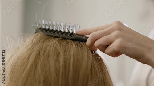 Drying hair. Women hair is combed and blown with a hair dryer. Close-up