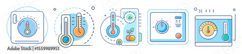Colorful Icons of Temperature Controllers and Thermometers Showing Different Temperature Levels