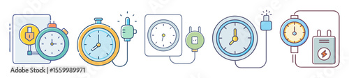 Collection of stylized clocks and power cords signifying charging and time