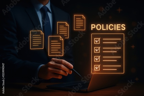 A businessman reviews company policies on his laptop with glowing document icons and a checklist