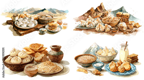 Traditional desert cuisine illustration featuring dumplings, bread, and tea with mountain backgrounds, in warm pastel tones and hand-drawn style.

 
