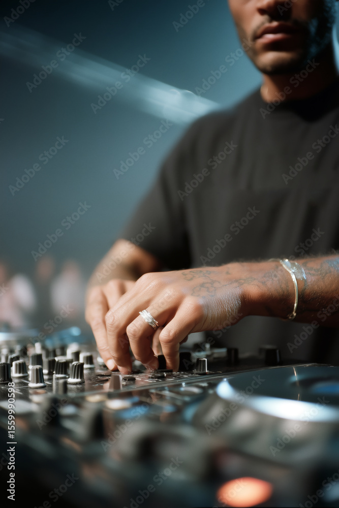 Close-up of DJ adjusting sound mixer knobs during live set indoors Close-up of DJ adjusting sound mixer knobs during live set indoors