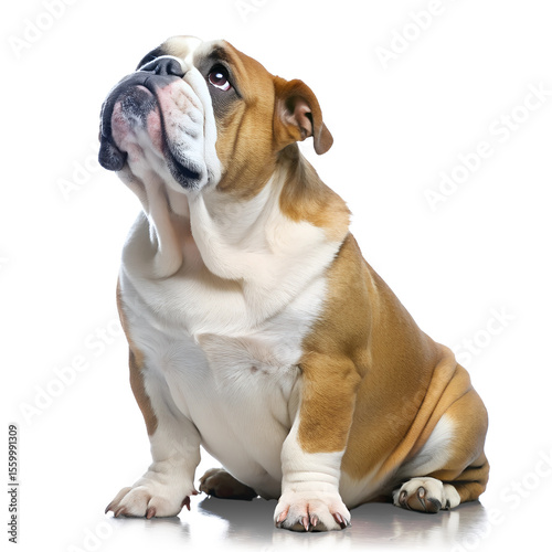 English bulldog sitting looking up waiting for food isolated on transparent background