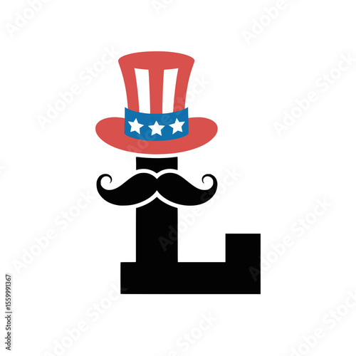 Letter L with Uncle Sam Hat and Mustache Art, Playful letter L illustration featuring a patriotic Uncle Sam hat and mustache, ideal for American celebration themes, festive designs, and creative bran
