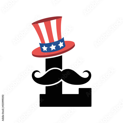 Letter L with Uncle Sam Hat and Mustache Art, Playful letter L illustration featuring a patriotic Uncle Sam hat and mustache, ideal for American celebration themes, festive designs, and creative bran
