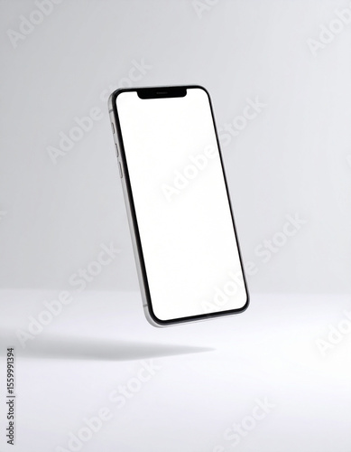 A sleek, silver smartphone mockup with a blank white screen hovers gently, casting a soft shadow on a clean, minimalist white background.