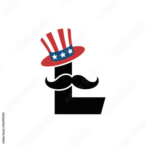 Letter L with Uncle Sam Hat and Mustache Art, Playful letter L illustration featuring a patriotic Uncle Sam hat and mustache, ideal for American celebration themes, festive designs, and creative bran
