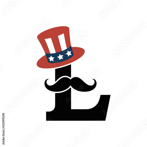 Letter L with Uncle Sam Hat and Mustache Art, Playful letter L illustration featuring a patriotic Uncle Sam hat and mustache, ideal for American celebration themes, festive designs, and creative bran
