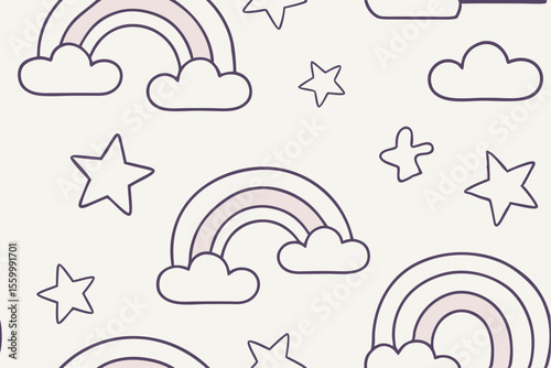 Whimsical Rainbow, Stars, and Clouds Doodle Pattern