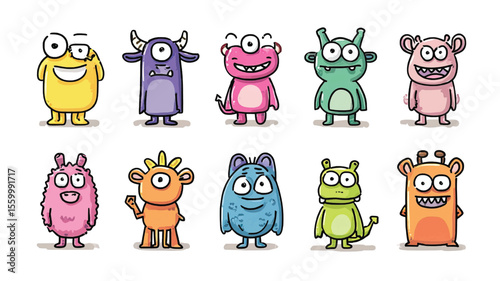 Row of ten colorful cartoon monsters with different expressions