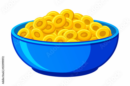 Colorful cartoon illustration of a blue bowl filled with golden cereal rings, isolated on a white background.