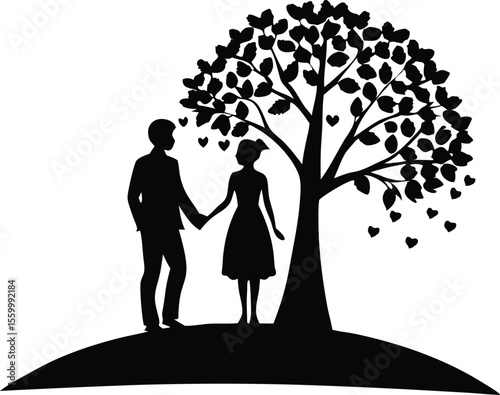 romantic couple holding hands under a tree love silhouette vector