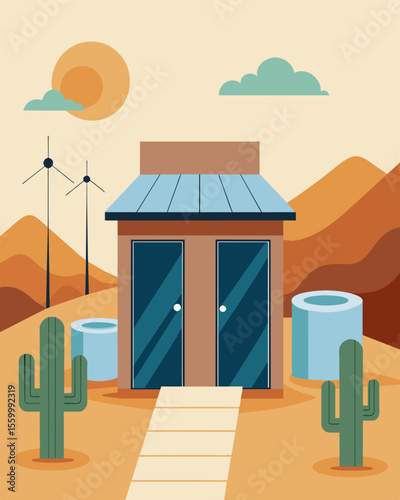 A public in a remote desert area entirely powered by solar energy and equipped with features such as waterless urinals and composting s for an ecofriendly and efficient restroom. Vector illustration