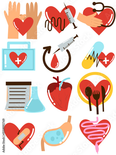 vector icon illustration set with the theme of health and a balanced healthy lifestyle with regular health checks