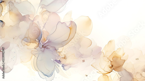 Abstract watercolor illustration featuring delicate floral shapes in soft pastel hues, blending seamlessly into a light background, creating a serene and elegant atmosphere for design purposes