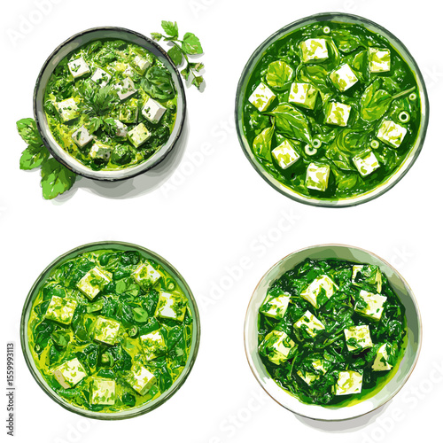Illustration of palak paneer curry, featuring cubes of Indian cheese in vibrant green spinach gravy—perfect for Indian cuisine content and vegetarian meal visuals.


