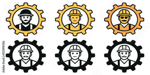 Collection of six worker icons inside gears in yellow and black showing diverse facial features