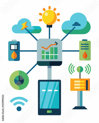 A multifunctional device that not only monitors solar energy production but also tracks energy usage from other sources such as wind or hydro power.. Vector illustration