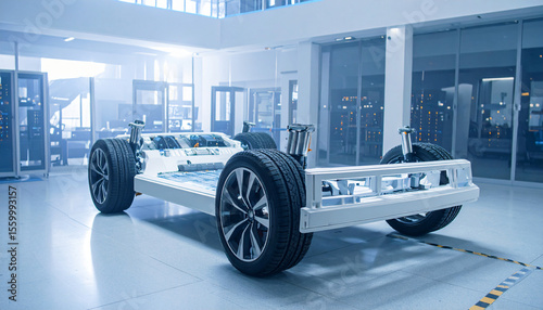 Futuristic electric vehicle with transparent body showing internal systems, displayed in a high-tech lab with advanced lighting and clean environment.