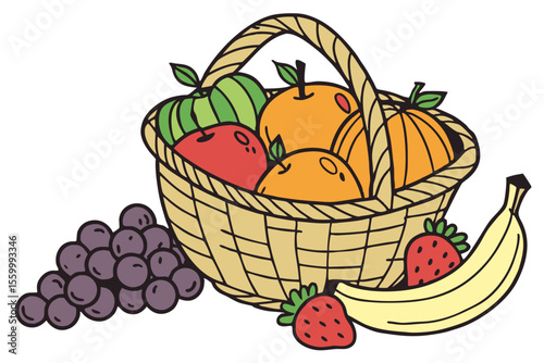 A delightful basket brimming with fresh produce including apples oranges grapes bananas and strawberries