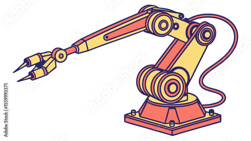 A robotic arm with yellow and orange segments extending upward and outward with a gripping claw end