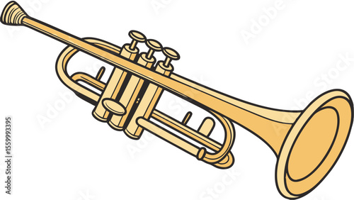 A golden trumpet with valves and tubing is shown against a white background in a simple graphic style
