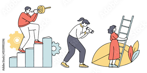 Three people working on different tasks with gears, ladder, and steps in a collaborative effort