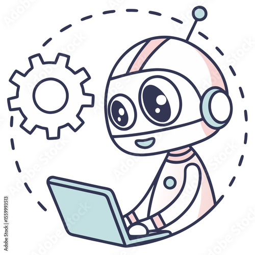 A friendly robot working on a laptop with a gear nearby and a dotted circle surrounding them both