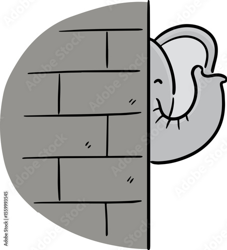 Illustration of elephant hiding behind wall
