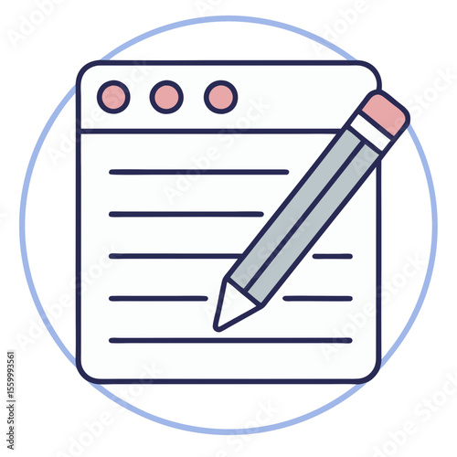 A notepad with horizontal lines and a pencil resting on top inside a circular frame design element