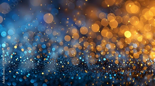 golden bokeh flare light effect on blue background	
