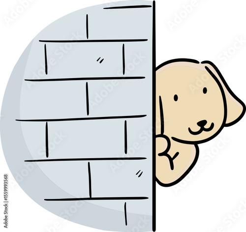 Illustration of dog hiding behind wall
