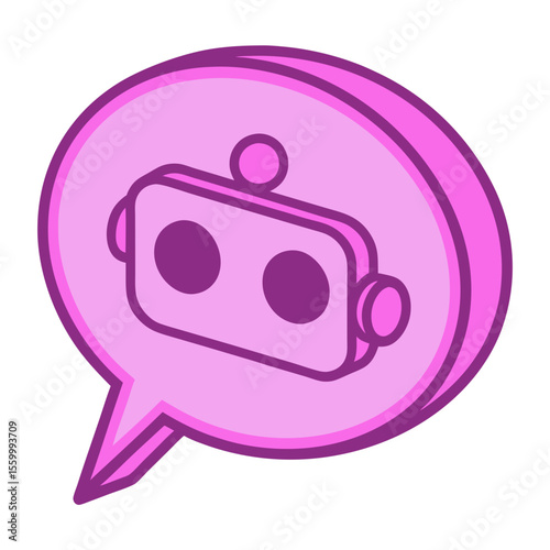 A pink speech bubble containing a simplified robotic head with circular eyes and antennas inside it