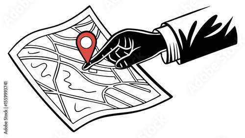 Hand points to a location on a detailed map using a marker, indicating travel planning or geographical focus, transparent background