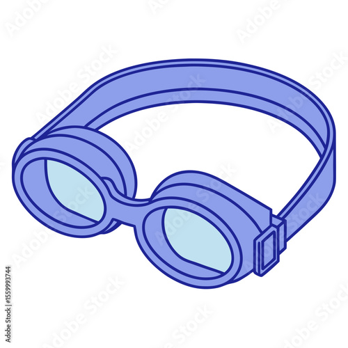 A pair of blue swimming goggles with clear lenses and a strap viewed from a slightly high angle perspective