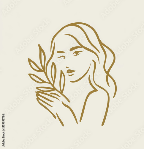 Elegant woman holding a leafy branch line art on cream background