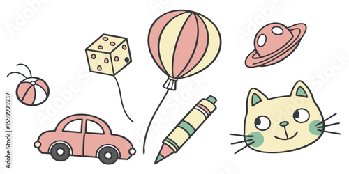 A whimsical scene featuring a cat face, car, balloon, dice, planet, ball, and a marker pen drawing