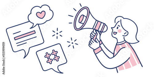 Woman with megaphone promoting social media content with heart and hashtag speech bubbles around her