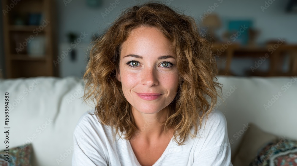 A smiling young woman with curly hair relaxes on a cozy couch, showcasing comfort and contentment, perfect for themes of casual living and modern lifestyle representation. A smiling young woman with curly hair relaxes on a cozy couch, showcasing comfort and contentment, perfect for themes of casual living and modern lifestyle representation.