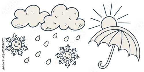Hand drawn clouds with raindrops and snowflakes falling near an umbrella with sun above it design