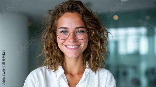 A cheerful young woman with curly hair and glasses smiles warmly, showcasing happiness and confidence in a bright, modern interior setting, perfect for personal branding.