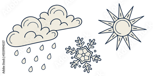 Weather elements showing clouds with raindrops sun and snowflake representing different seasons of year