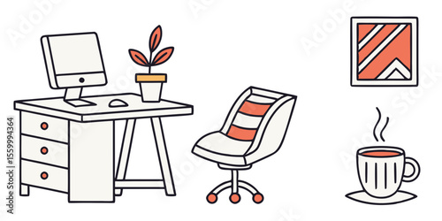 Desk setup with computer plant chair artwork and steaming mug creating a cozy workspace scene