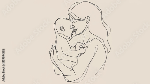 Continuous line drawing of mother holding her infant child with love