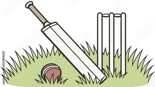A cricket bat leaning on wickets with a ball placed on the grass field ready for a cricket game play