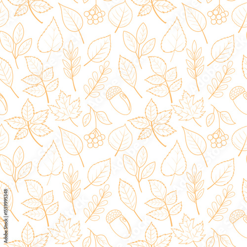 Seamless pattern with hand drawn autumn leaves, berries and acorns in an outline style. Collection of maple, oak, birch, rowan, chestnut. Vector pattern of foliage outline.